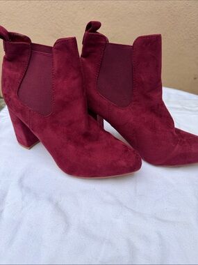 Allegra K Women's Burgundy Suede Block Heel Ankle Booties
